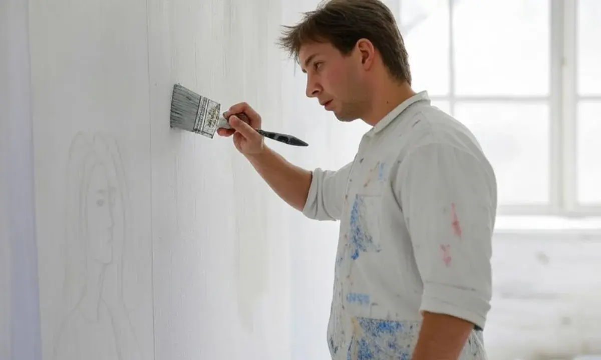 Un peintre applique un enduit rebouchage chaux sur un mur, préparant la surface pour une fresque.
