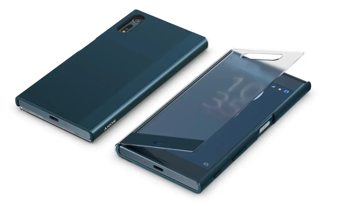 Dwa granatowe etui na telefon, jedno z widocznym logo SONY, drugie z otwartą klapką na ekranie smartfona sony xperia xt mobile.