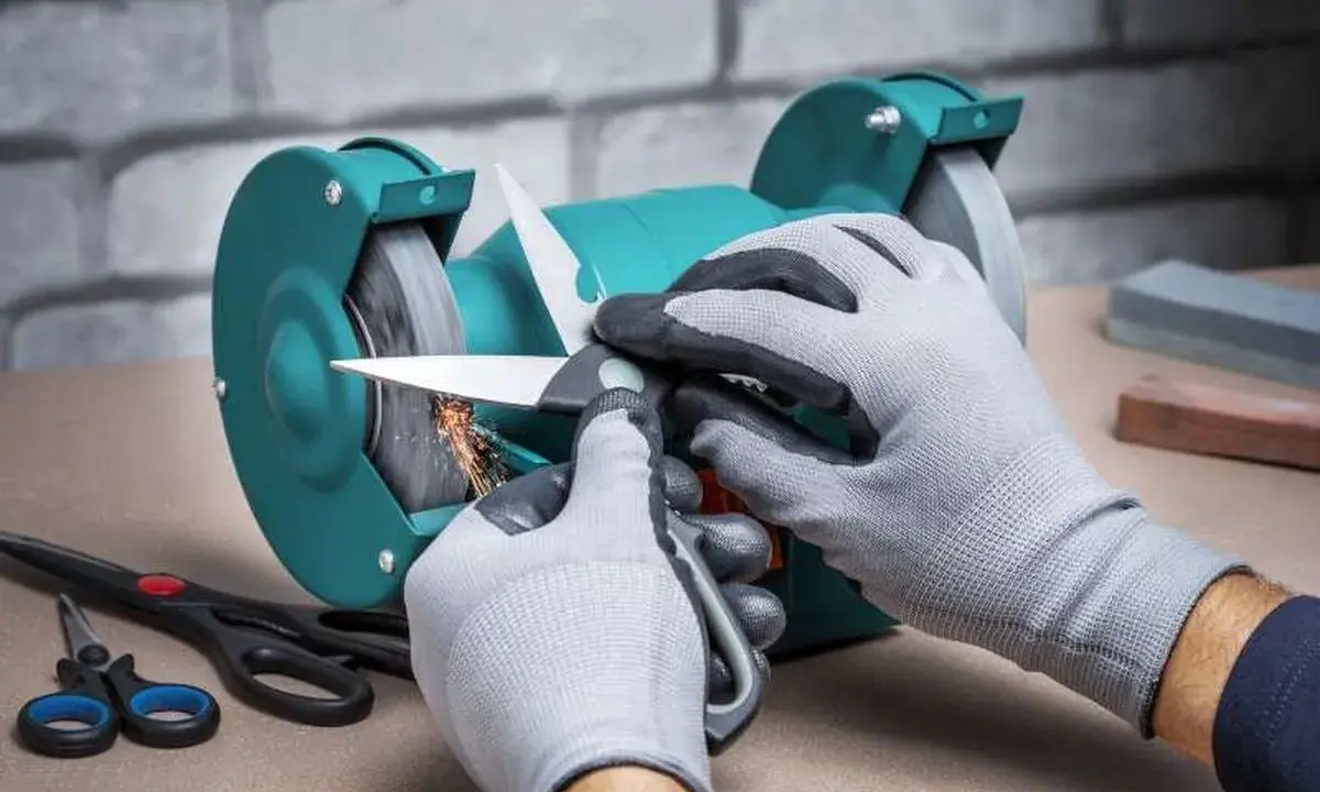 Manos enguantadas afilando tijeras de podar en una amoladora, chispas vuelan.