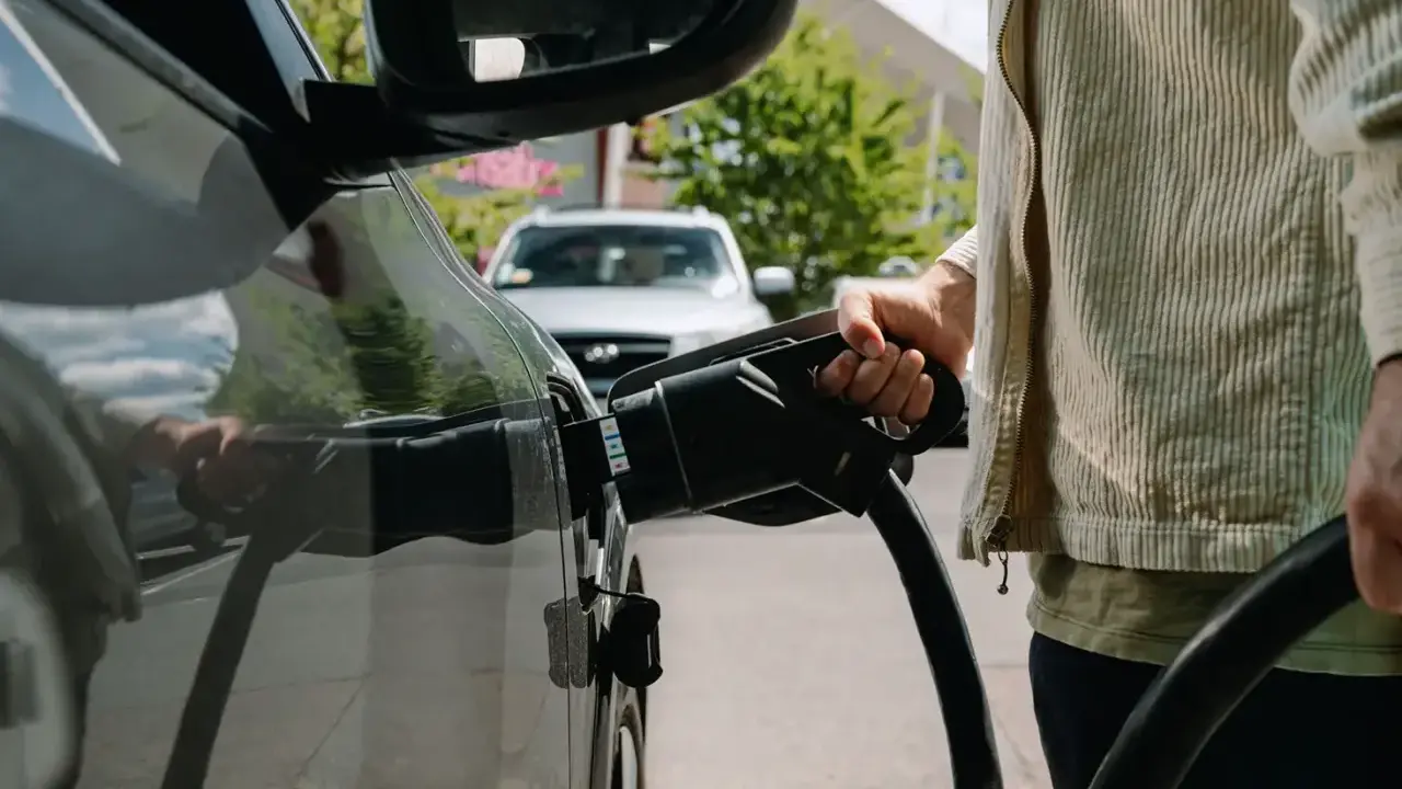 Persona che collega il cavo di ricarica a un'auto elettrica, pensando alle tariffe ricarica auto elettrica.