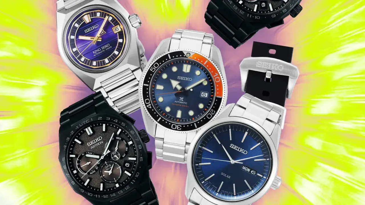 Collezione di orologi Seiko, tra cui un King Seiko e un diver, che mostrano il miglior movimento Seiko.