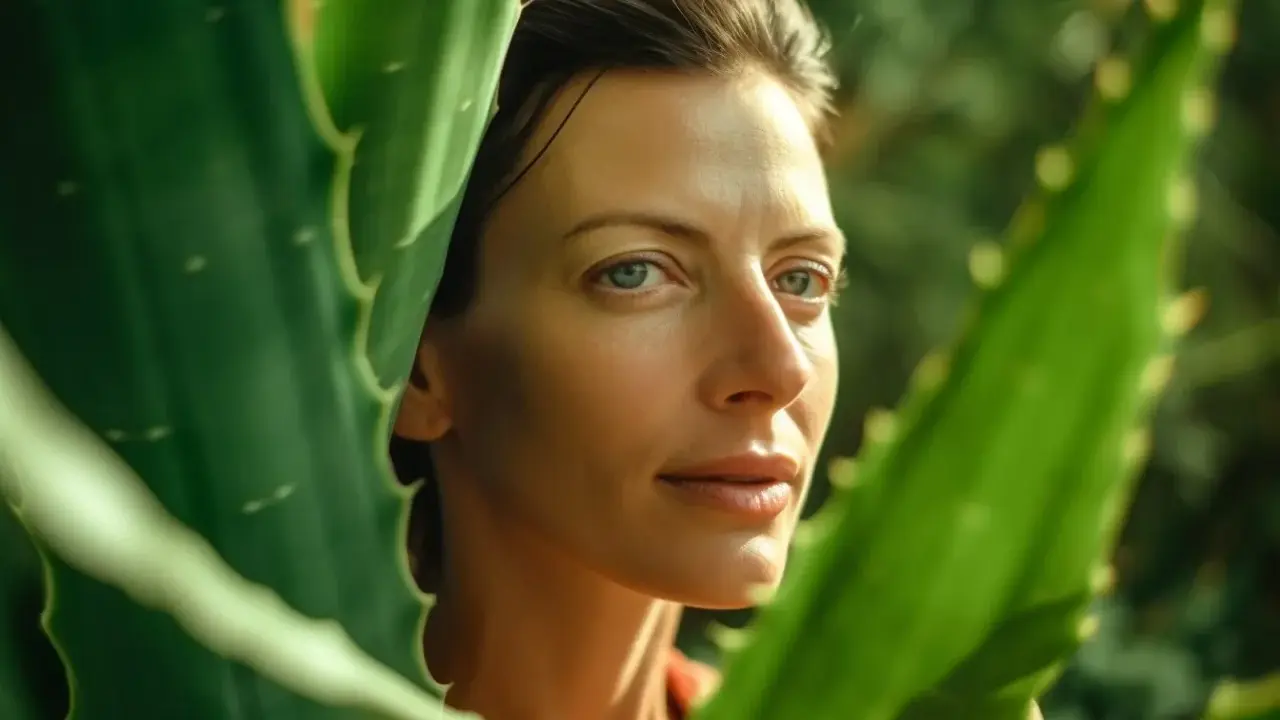 Donna con pelle luminosa tra foglie di aloe vera, un esempio di come applicare aloe vera sulla pelle per un effetto naturale e rinfrescante.