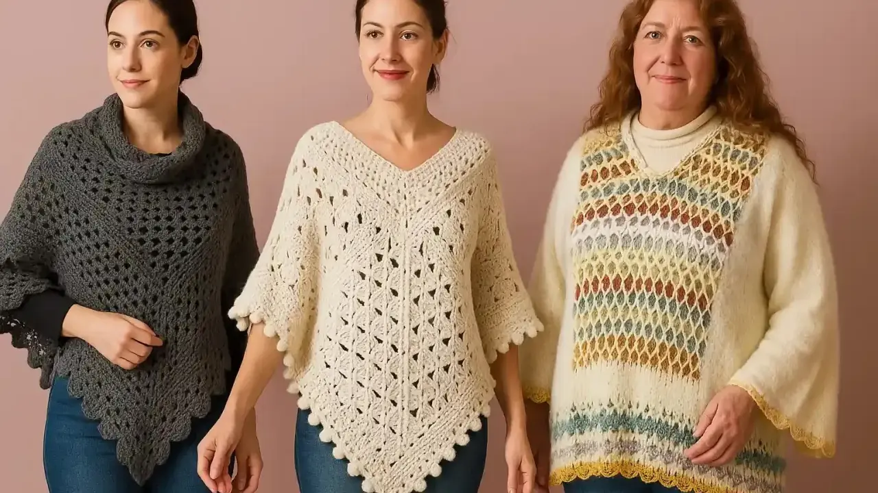Tres mujeres lucen ponchos de crochet. El del centro, un patrón poncho abierto crochet color crema, es el más destacado.