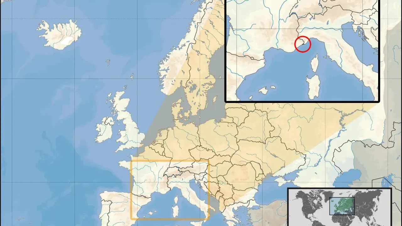 Mapa Europy z zaznaczonym przybliżeniem na Lazurowe Wybrzeże, gdzie jest Monako. Czerwony okrąg wskazuje jego lokalizację.