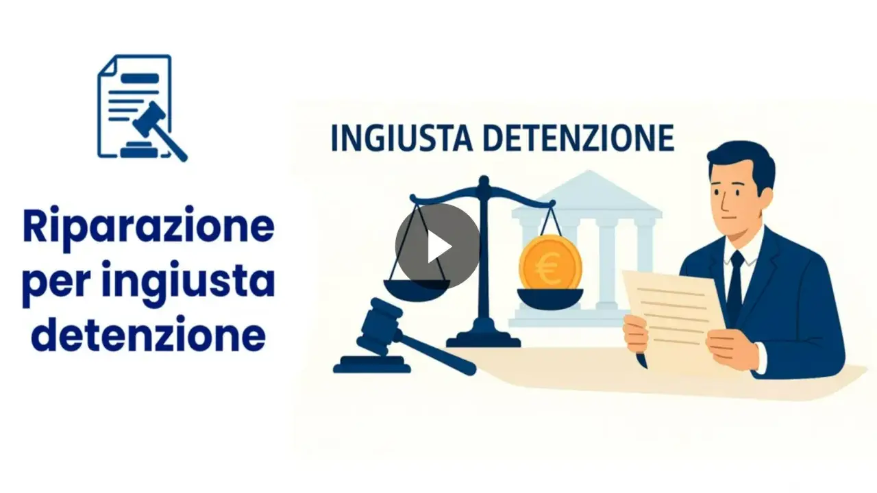 Illustrazione che simboleggia il risarcimento per ingiusta detenzione: bilancia della giustizia con moneta euro, martelletto e avvocato.