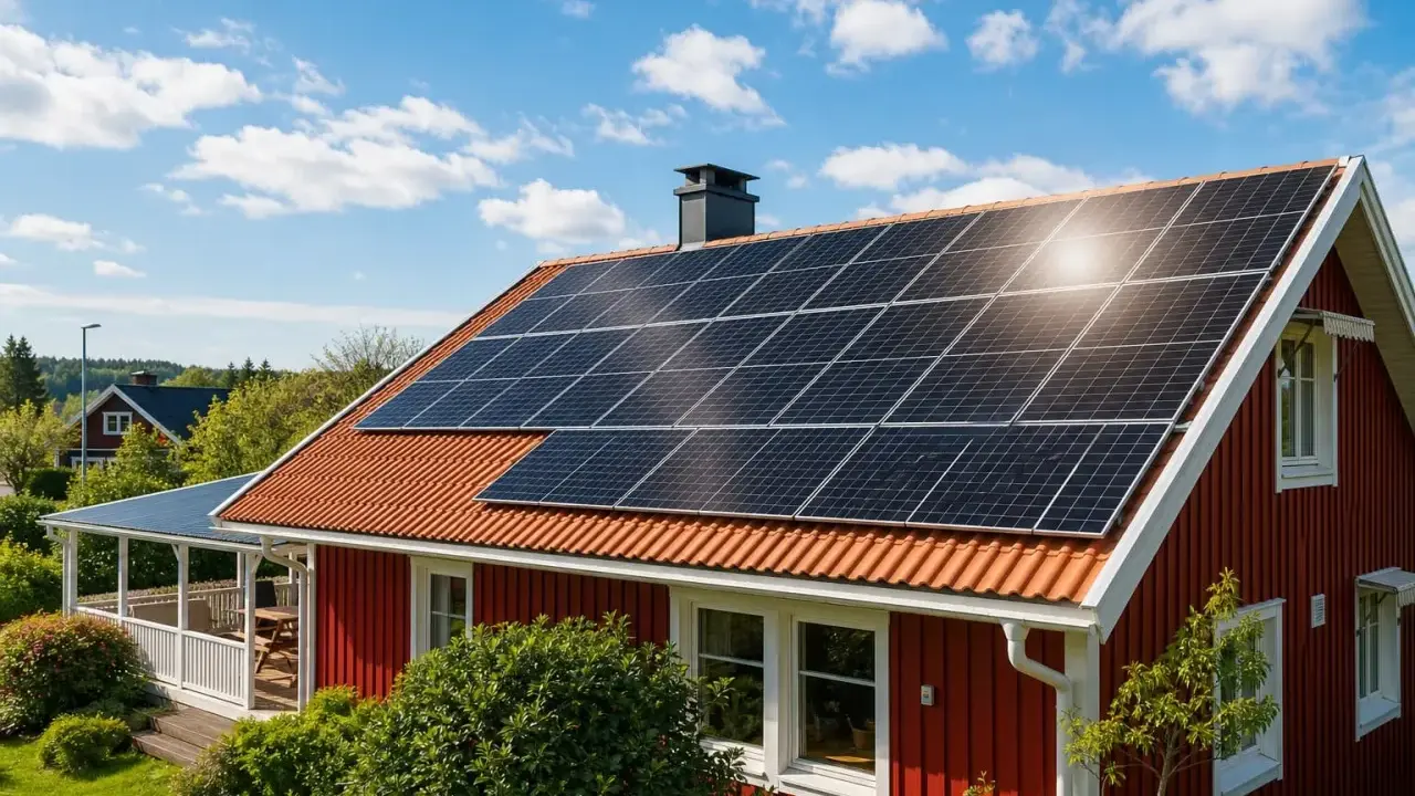 Rött hus med solceller på taket, en solig dag i Sverige. Huawei solceller fångar solens energi.