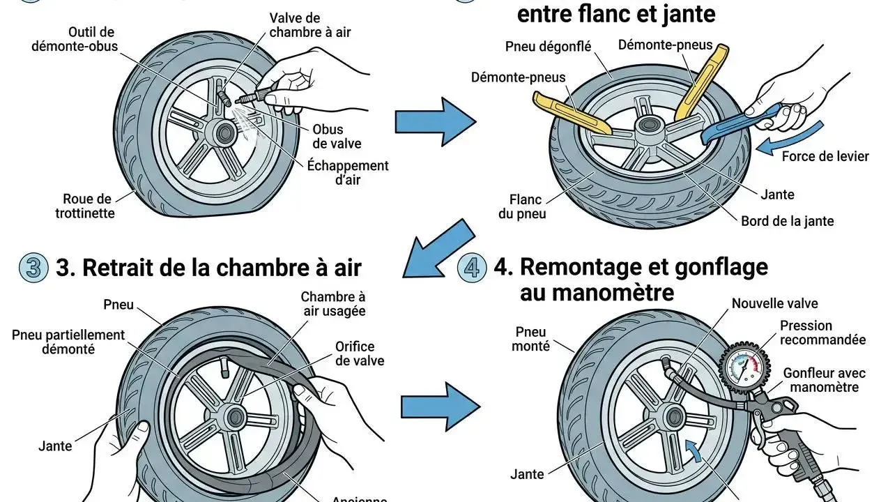 Instructions pour dégongfler, démonter, remonter et gonfler un pneu de trottinette avec un manomètre.