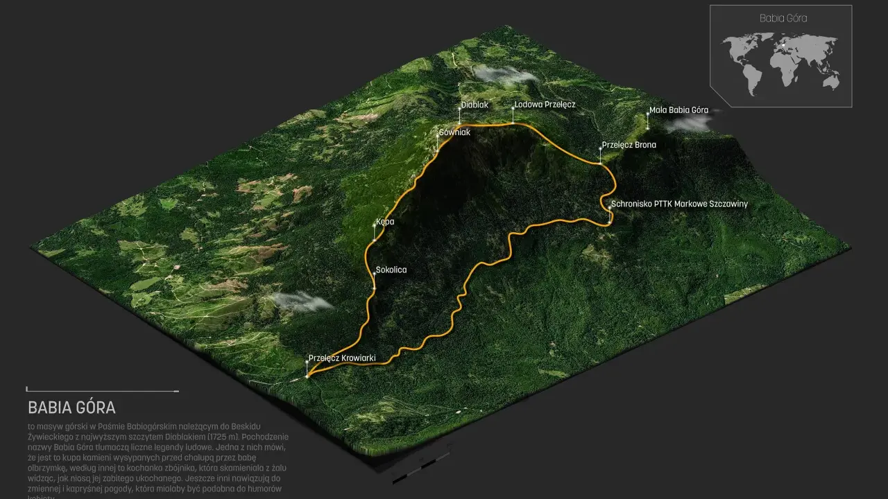 Trójwymiarowa mapa satelitarna Babiej Góry z zaznaczoną trasą i nazwami szczytów.