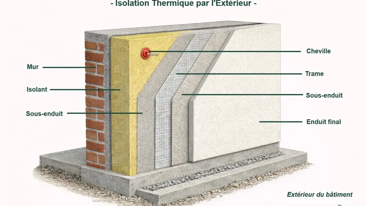 Coupe d'un mur montrant l'isolation thermique par l'extérieur (ITE) : mur, isolant, sous-enduit, trame, cheville, enduit final.