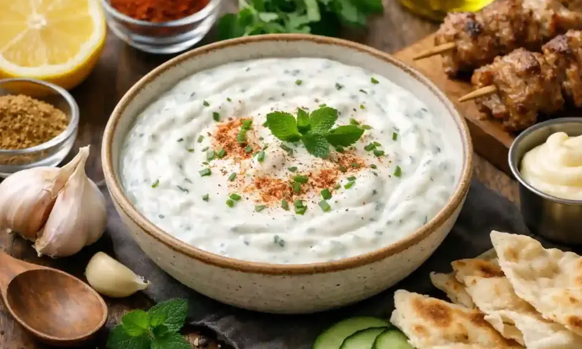 Un bol de sauce blanche kebab crémeuse, garnie d'herbes fraîches et d'épices. À côté, des brochettes de viande, du pain pita et des concombres.