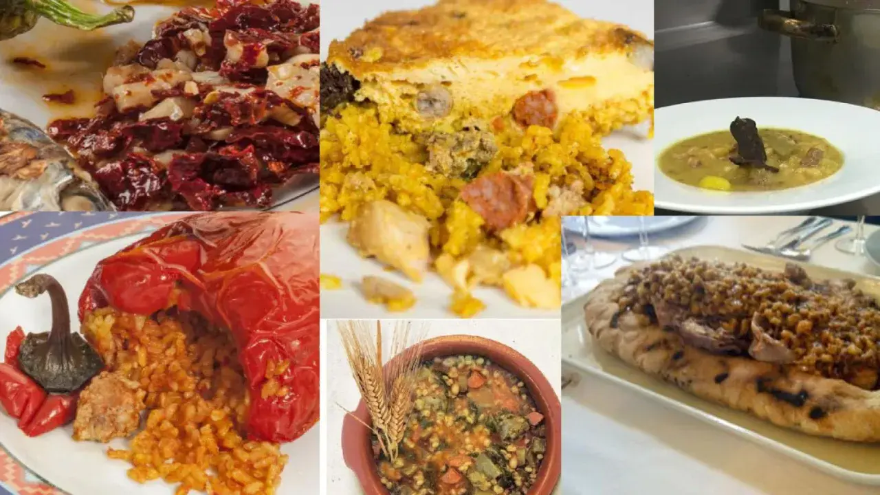 Collage de platos que representan la comida típica de Alicante: arroz con carne, pimientos rellenos, guiso y más.