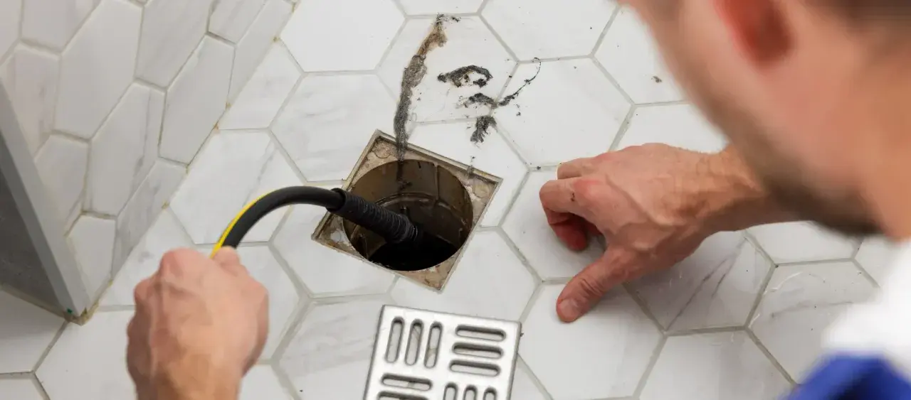 Ein Mann reinigt einen Duschabfluss mit einer Spirale. Der Abfluss stinkt, ist aber nicht verstopft. Haare und Schmutz werden entfernt.
