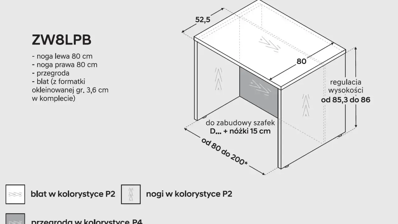 Schemat modułu kuchennego ZW8LPB. Wymiary: głębokość 52,5 cm, blat 80 cm. Regulacja wysokości od 85,3 do 86 cm. Szerokość wyspy kuchennej od 80 do 200 cm.