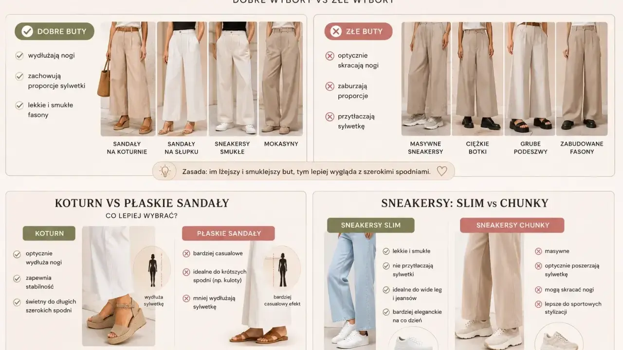 Dobre buty do szerokich spodni wydłużają nogi i zachowują proporcje sylwetki. Wybieraj lekkie i smukłe fasony, które podkreślą długość nogawki.