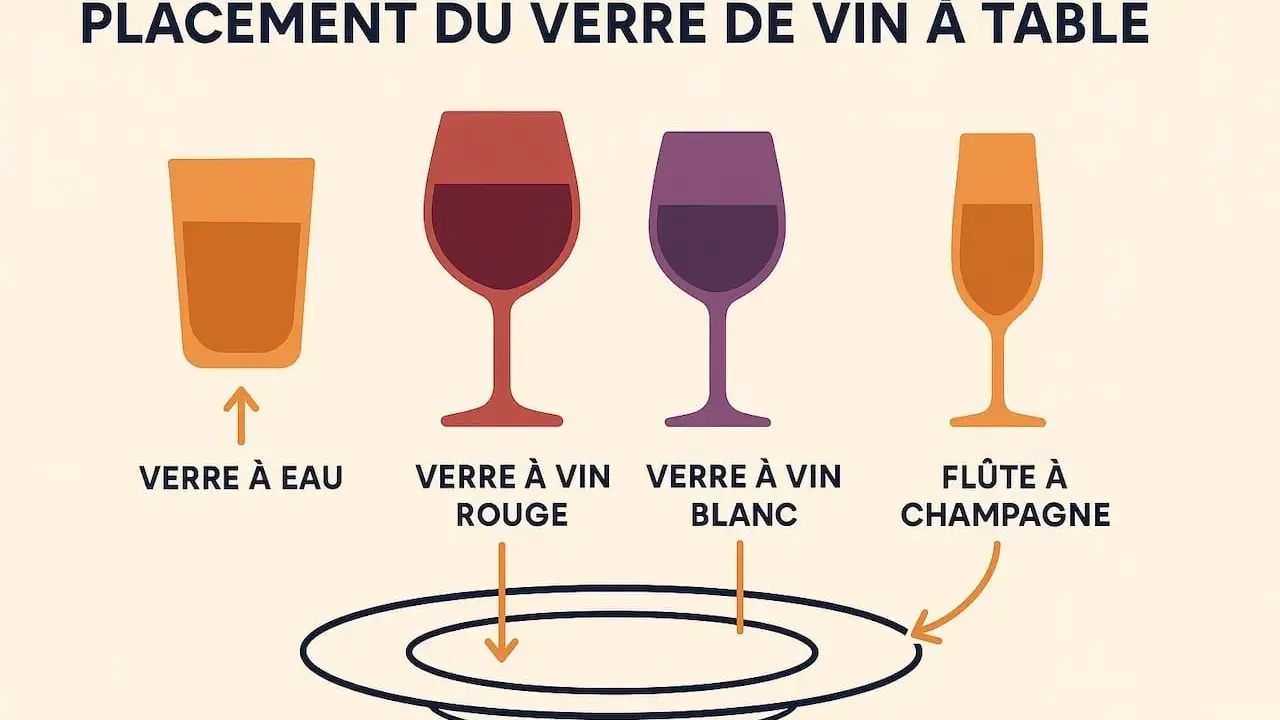 Placement des verres à table : verre à eau, verre à vin rouge, verre à vin blanc, flûte à champagne.