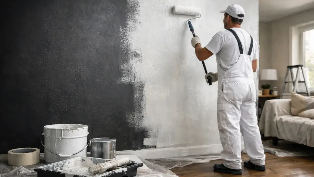 Un peintre en salopette blanche est en train de repeindre un mur de couleur foncée en blanc, à l'aide d'un rouleau.