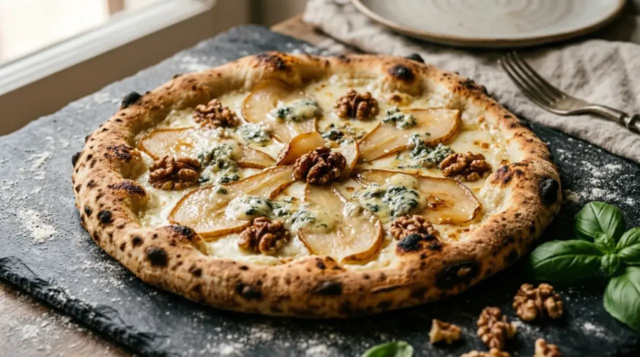 Wykwintna pizza bianca z gruszką, orzechami włoskimi i serem pleśniowym, idealna na wyjątkowy wieczór.
