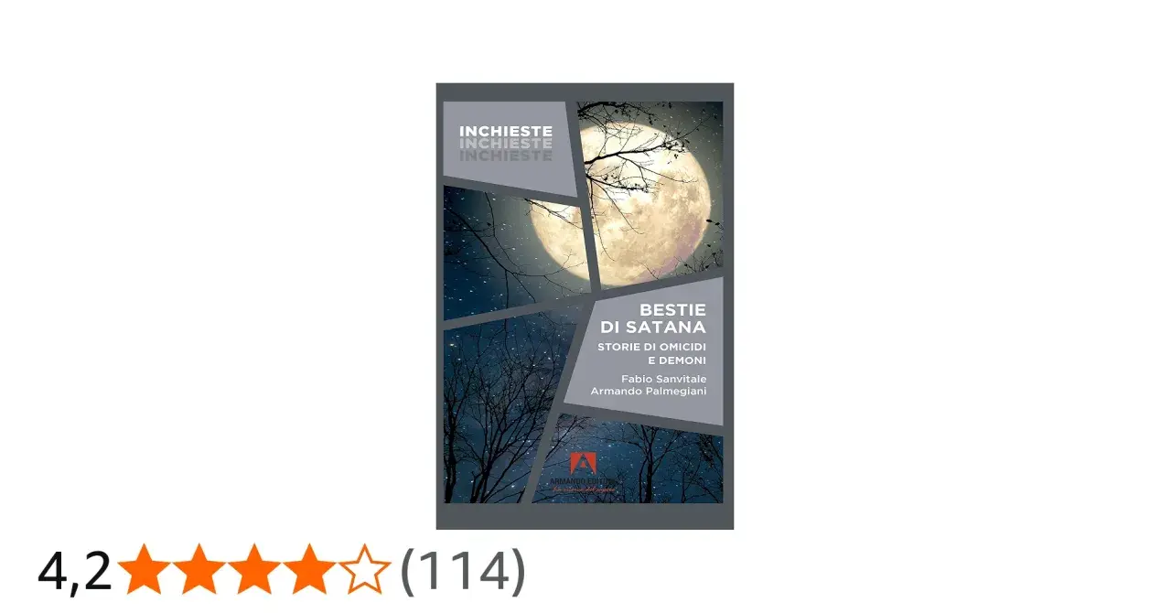 Copertina del libro "Bestie di Satana", con luna piena e alberi spogli su sfondo stellato. Le inchieste su omicidi e demoni promettono storie inquietanti.