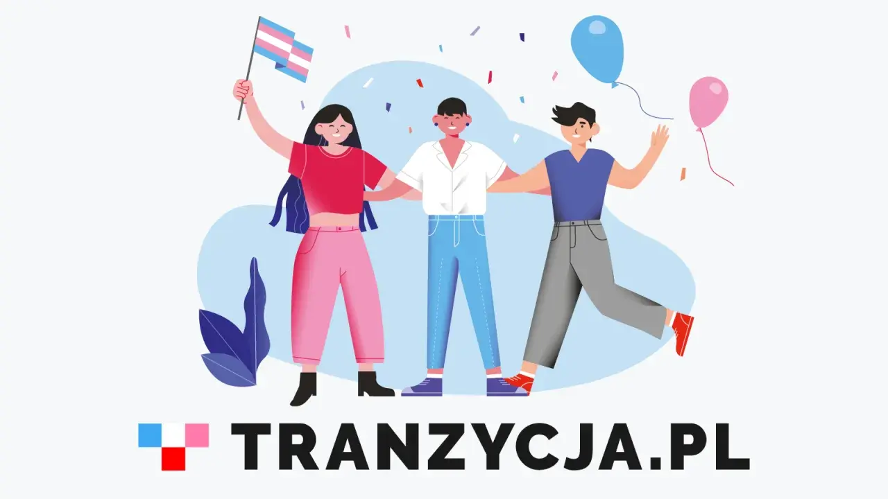 Trzech przyjaciół świętuje, jeden z nich trzyma flagę transpłciową. Dowiedz się, czym jest ftm i wspieraj tranzycję.