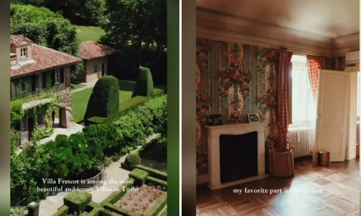 Villa Frescot: esterni lussureggianti e interni con camino e carta da parati floreale.