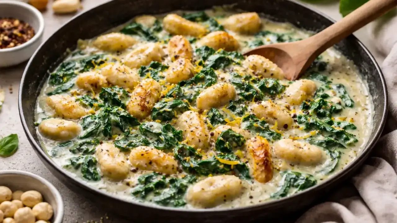 Eine cremige Gnocchi-Pfanne mit Spinat und geriebenem Käse, garniert mit Zitronenschale und Pfeffer. Ein köstliches Gericht, das zum Genießen einlädt.