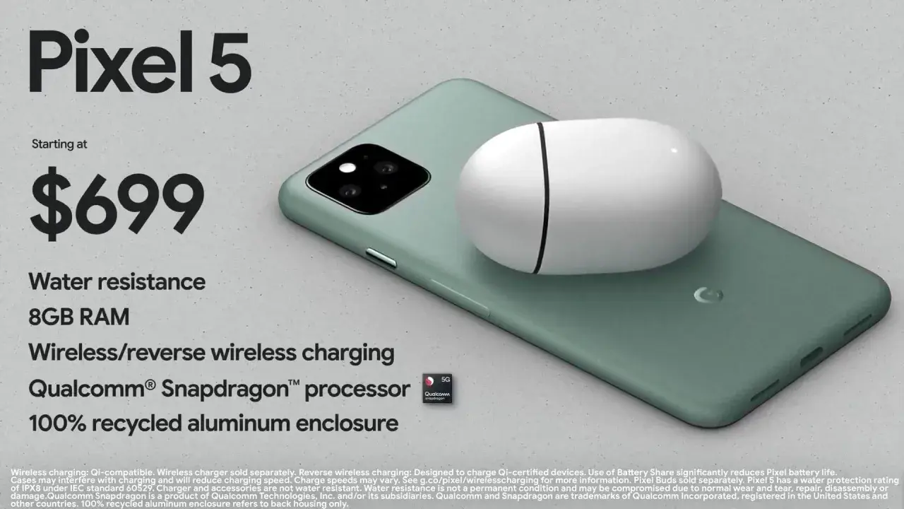 Google Pixel 5 w kolorze zielonym, z białymi słuchawkami na obudowie. Cena $699, wodoodporność, 8GB RAM.