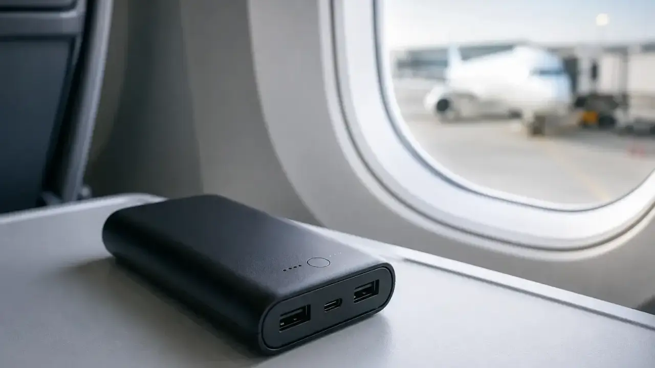 Czarny powerbank na stoliku w samolocie, z widokiem na samolot przez okno.