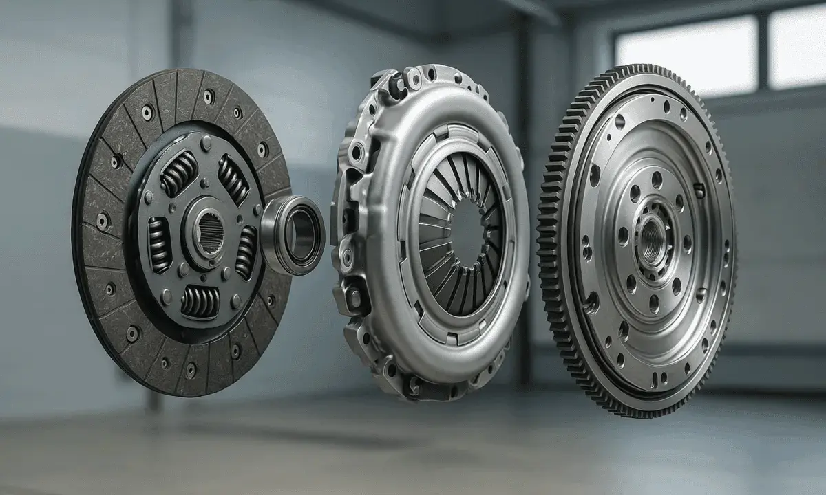 Despiece de embrague: disco, plato de presión y volante motor. Así es para que sirve el embrague, conectando y desconectando la potencia del motor.