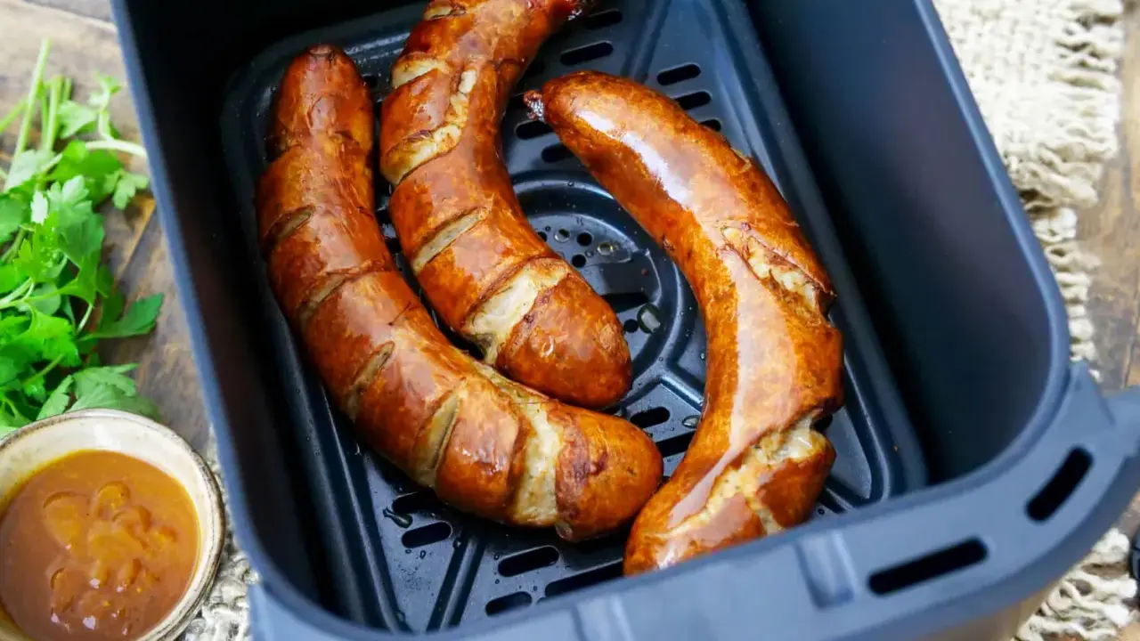 Drei frische grobe Bratwürste garen in einem Airfryer. Daneben eine Schale mit Dip und Petersilie.