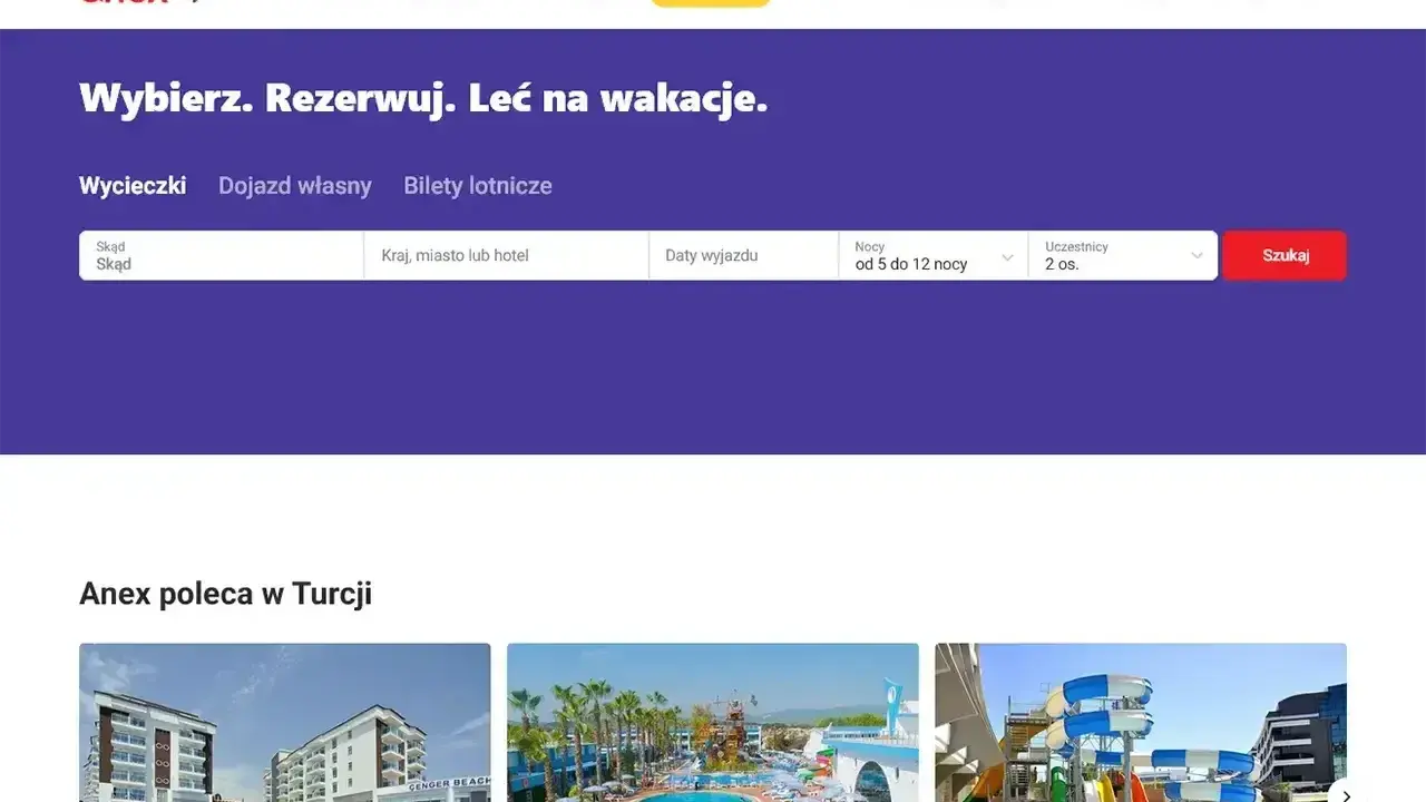 Strona główna biura podróży Anex. Wyszukiwarka ofert wakacyjnych: wycieczki, dojazd własny, bilety lotnicze. Anex poleca w Turcji.
