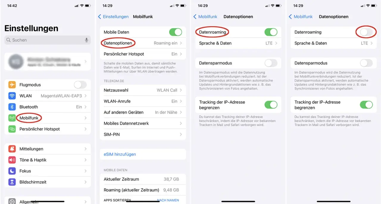 Einstellungen für Datenroaming in Spanien. Hier wird gezeigt, wie man die mobilen Datenoptionen für das Roaming konfiguriert.