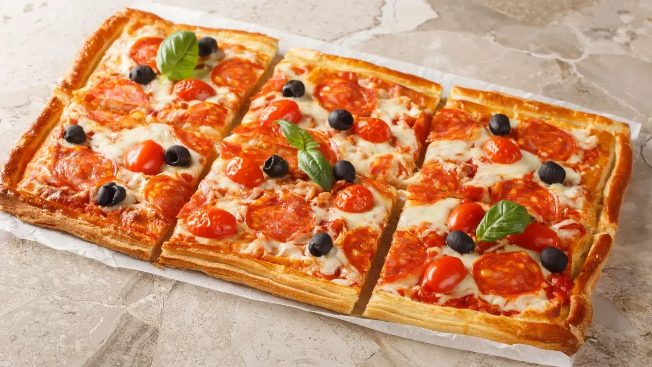 Chrupiąca pizza z ciasta francuskiego z salami, pomidorkami i oliwkami, udekorowana listkami bazylii.