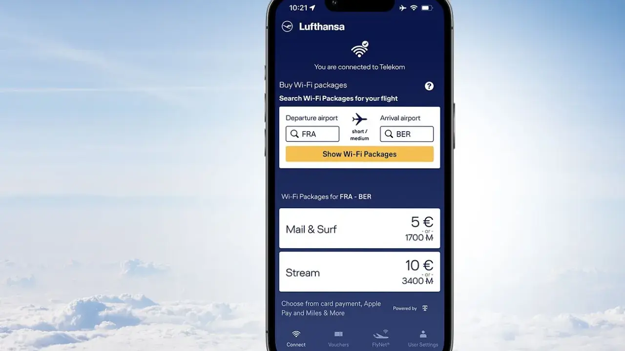 Lufthansa-appen visar alternativ för att köpa lufthansa wifi-paket för en flygning mellan FRA och BER.