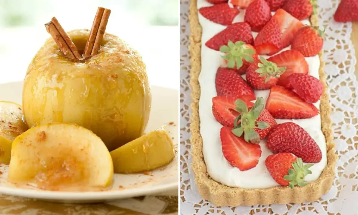 Manzana asada con canela y tarta de fresas, dos postres fáciles y deliciosos.