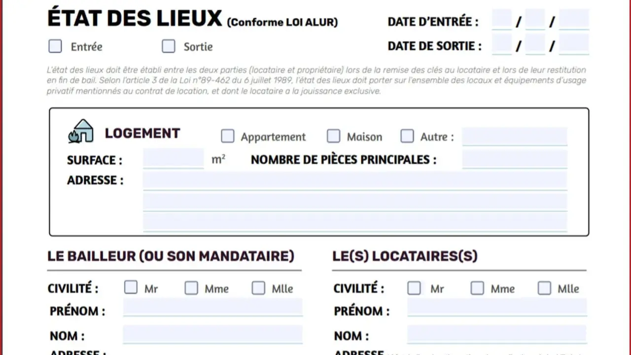 Formulaire d'état des lieux de sortie pour un logement, incluant les détails du locataire et du propriétaire.