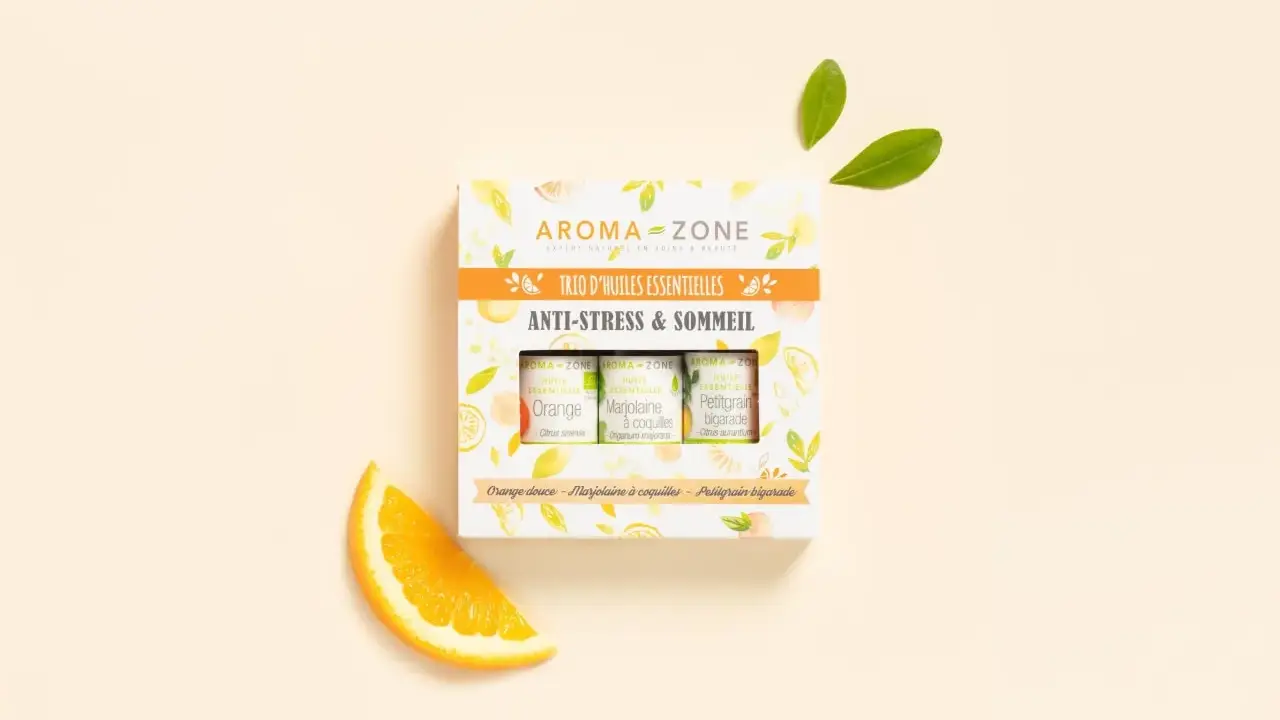 Trio d'huiles essentielles Aroma-Zone : Orange, Marjolaine à coquilles et Petitgrain bigarade pour un moment anti-stress.