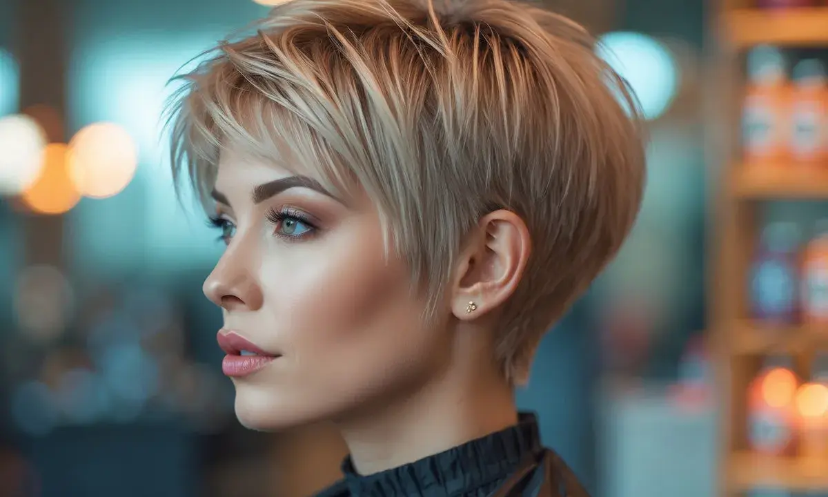 Kobieta z blond, krotkimi wlosami i delikatnym makijażem patrzy w bok.