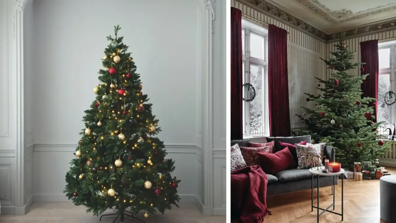 Två julgranar, en i ett modernt rum och en i ett klassiskt vardagsrum, redo att dekorera julgran.