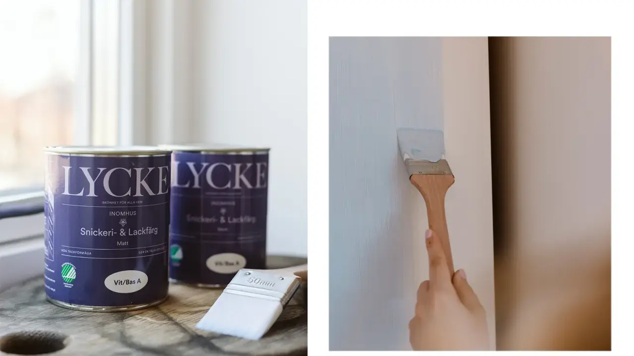 Måla gammalt skåp med ljusblå snickeri- och lackfärg från Lycke. En pensel drar ett jämnt lager färg.