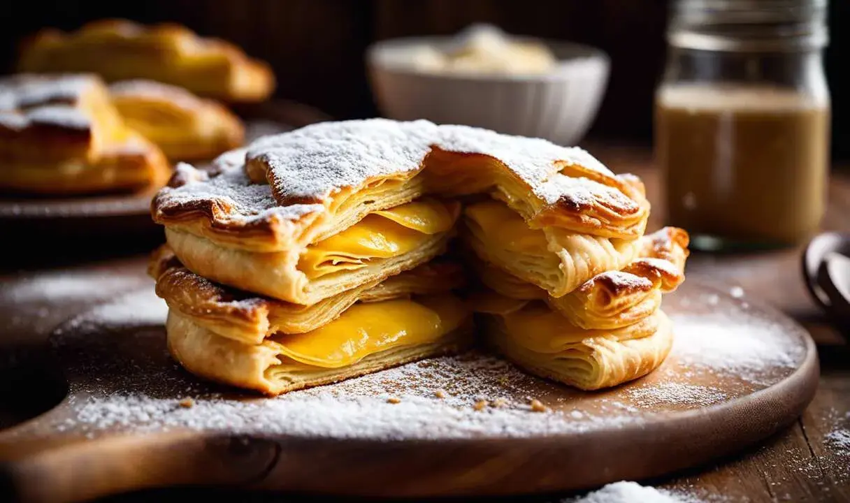 Délicieux millefeuilles à la crème, résultat d'une cuisson pâte feuilletée au four parfaite. Saupoudrés de sucre glace.