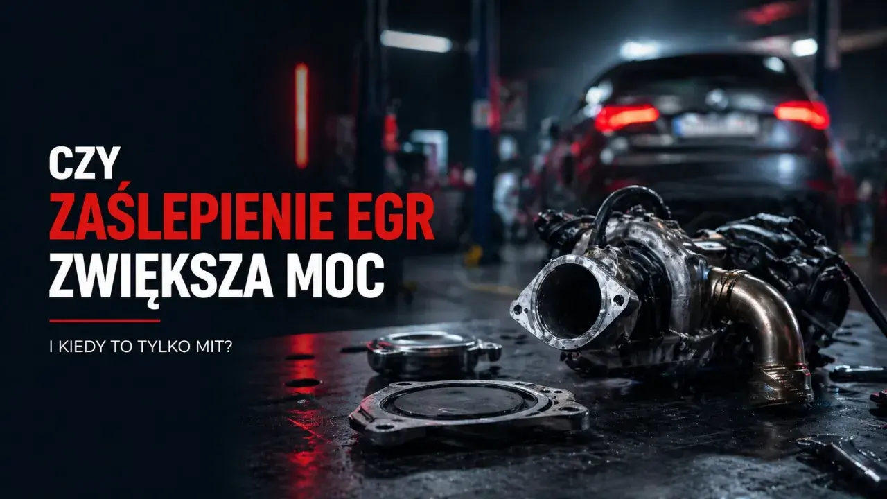 Czy zaślepienie EGR zwiększa moc? Na stole leży turbosprężarka i elementy do jej montażu, w tle warsztat samochodowy.