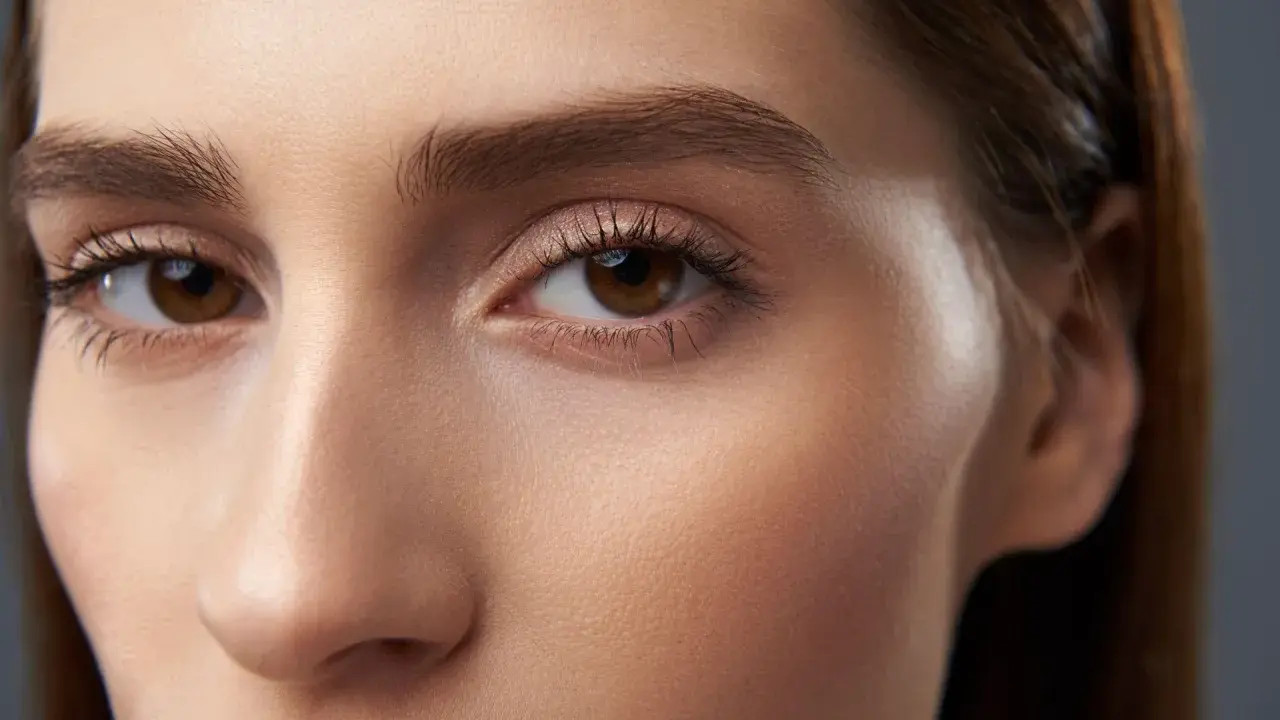 Maquillaje sutil realza unos preciosos ojos marrones, con pestañas definidas y un toque de brillo en los párpados.