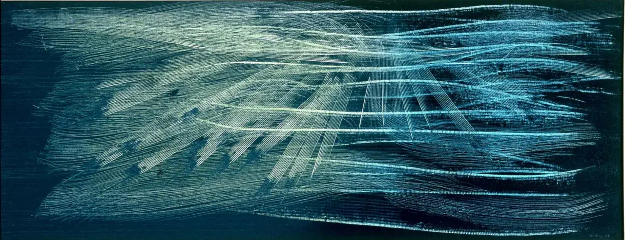 Abstract painting with sweeping white and blue lines on a dark background.