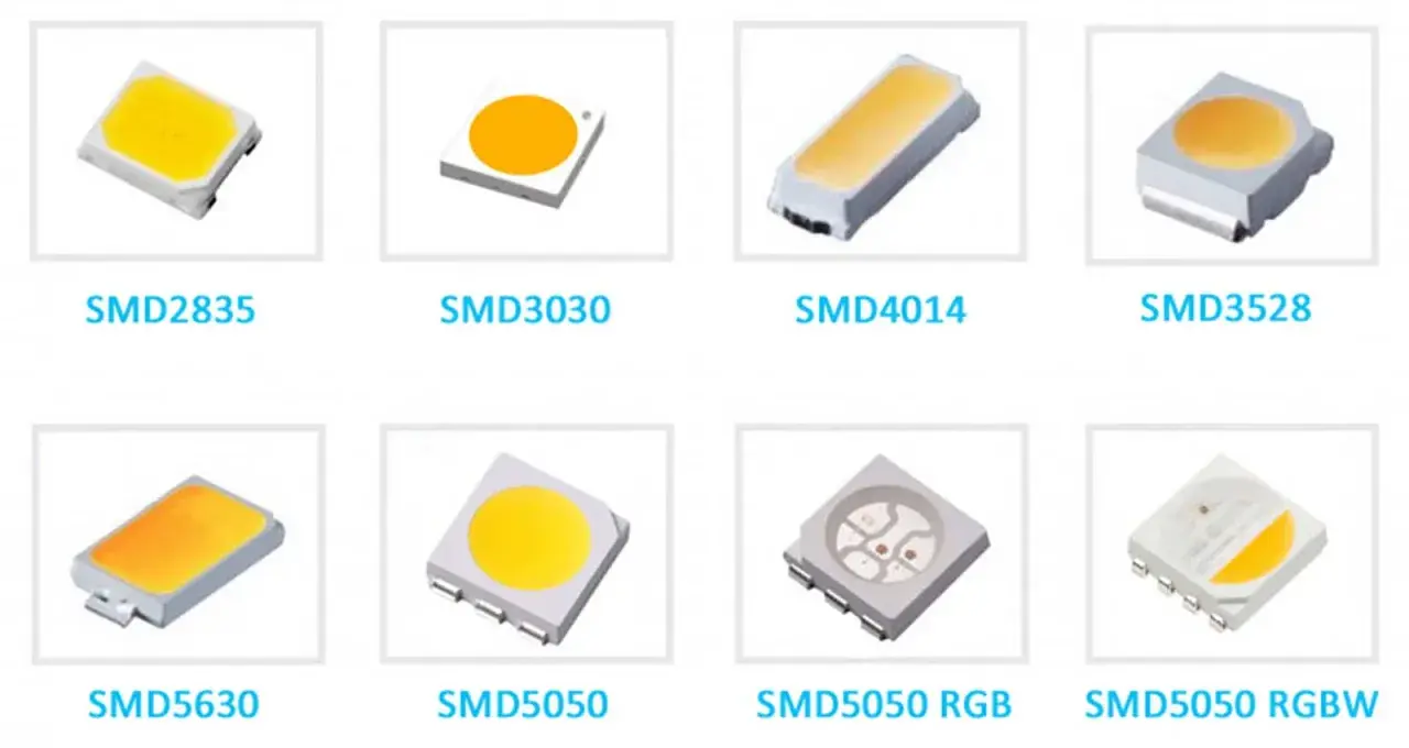 Różne typy diod smd oznaczenia: SMD2835, SMD3030, SMD4014, SMD3528, SMD5630, SMD5050, SMD5050 RGB, SMD5050 RGBW.