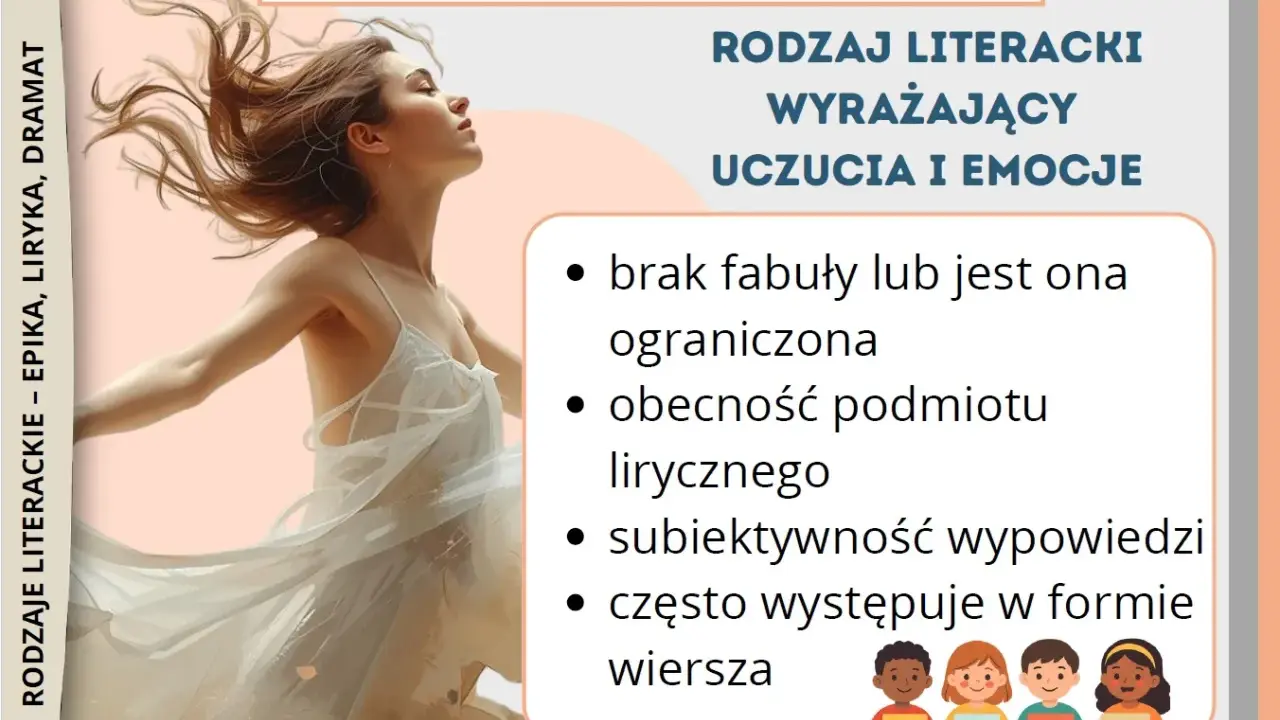 Liryka – rodzaj literacki wyrażający uczucia i emocje, często w formie wiersza. Obraz przedstawia tańczącą kobietę, symbolizującą wolność i ekspresję.