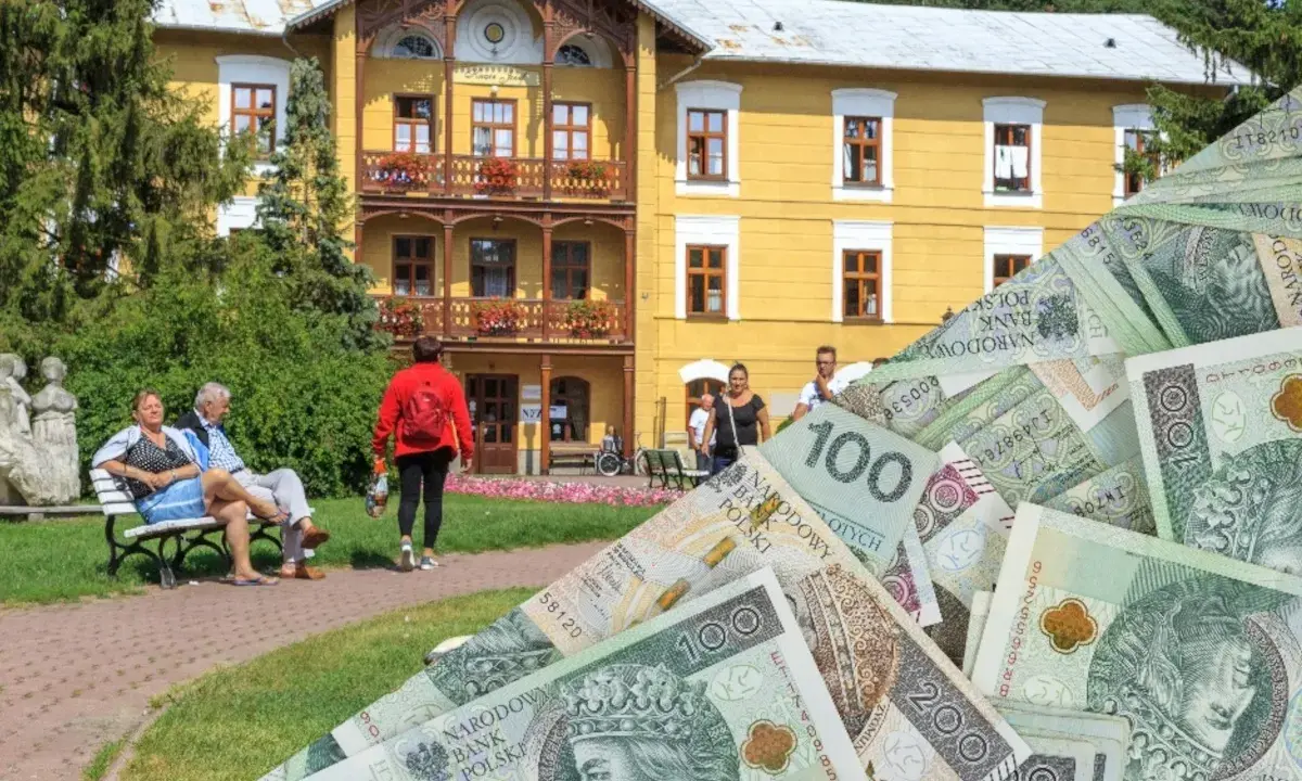 Czy sanatorium poszpitalne jest płatne? Na zdjęciu widać żółty budynek sanatorium i ludzi, a także stos polskich banknotów.