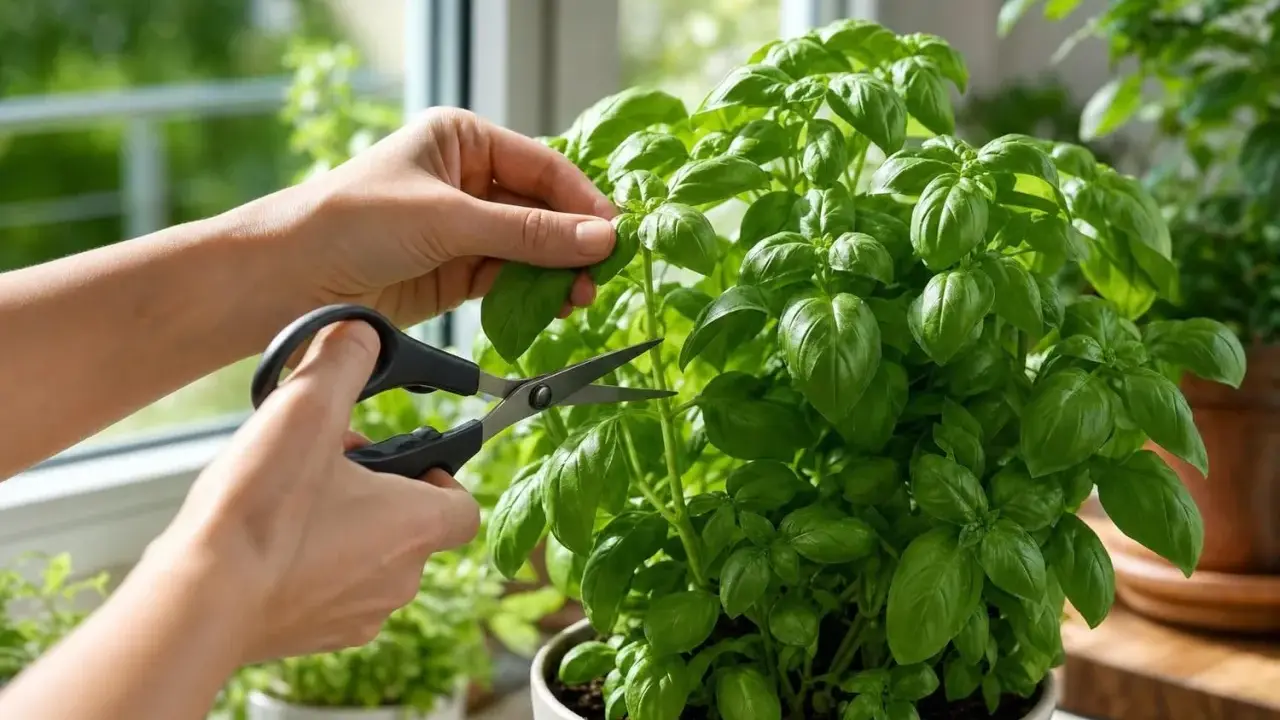 Coup de ciseaux pour récolter des feuilles fraîches d'un basilic en pot luxuriant, prêt à parfumer vos plats.