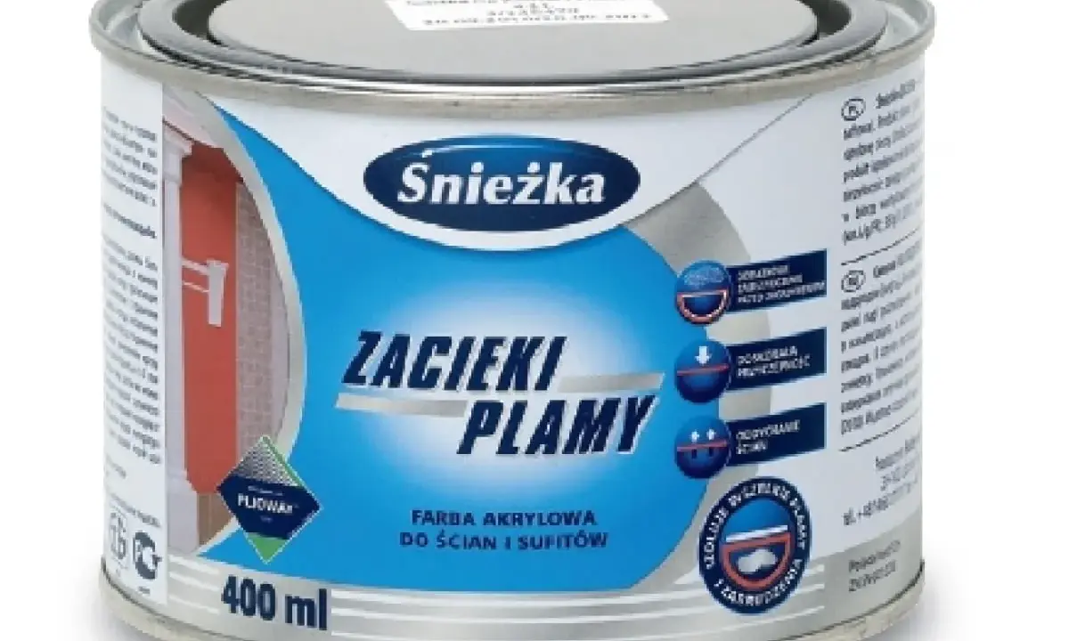 Puszka farby akrylowej Śnieżka "Zacieki i Plamy" 400 ml, przeznaczona do usuwania śladów po wodzie i zabrudzeń.