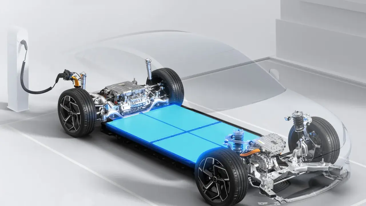 Telaio di un'auto elettrica con un pacco di **batterie al litio per auto elettriche** luminoso e un cavo di ricarica collegato.