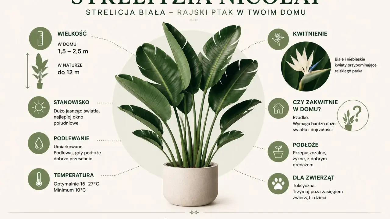 Strelitzia nicolai pielęgnacja: duża, tropikalna roślina z białymi kwiatami. Wymaga jasnego światła, umiarkowanego podlewania i przepuszczalnego podłoża. Toksyczna dla zwierząt.
